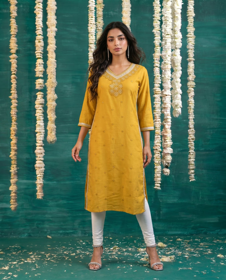 Mustard Embroidered Viscose Blended Straight cut Long Kurta