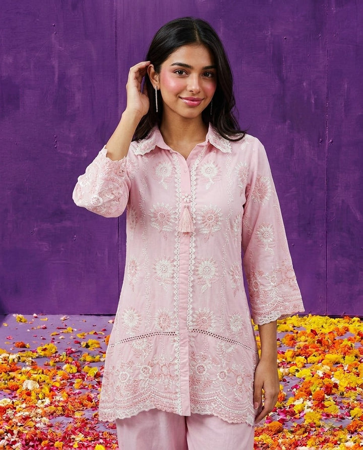 Pink Embroidered Cotton Satin Co-Ord Set