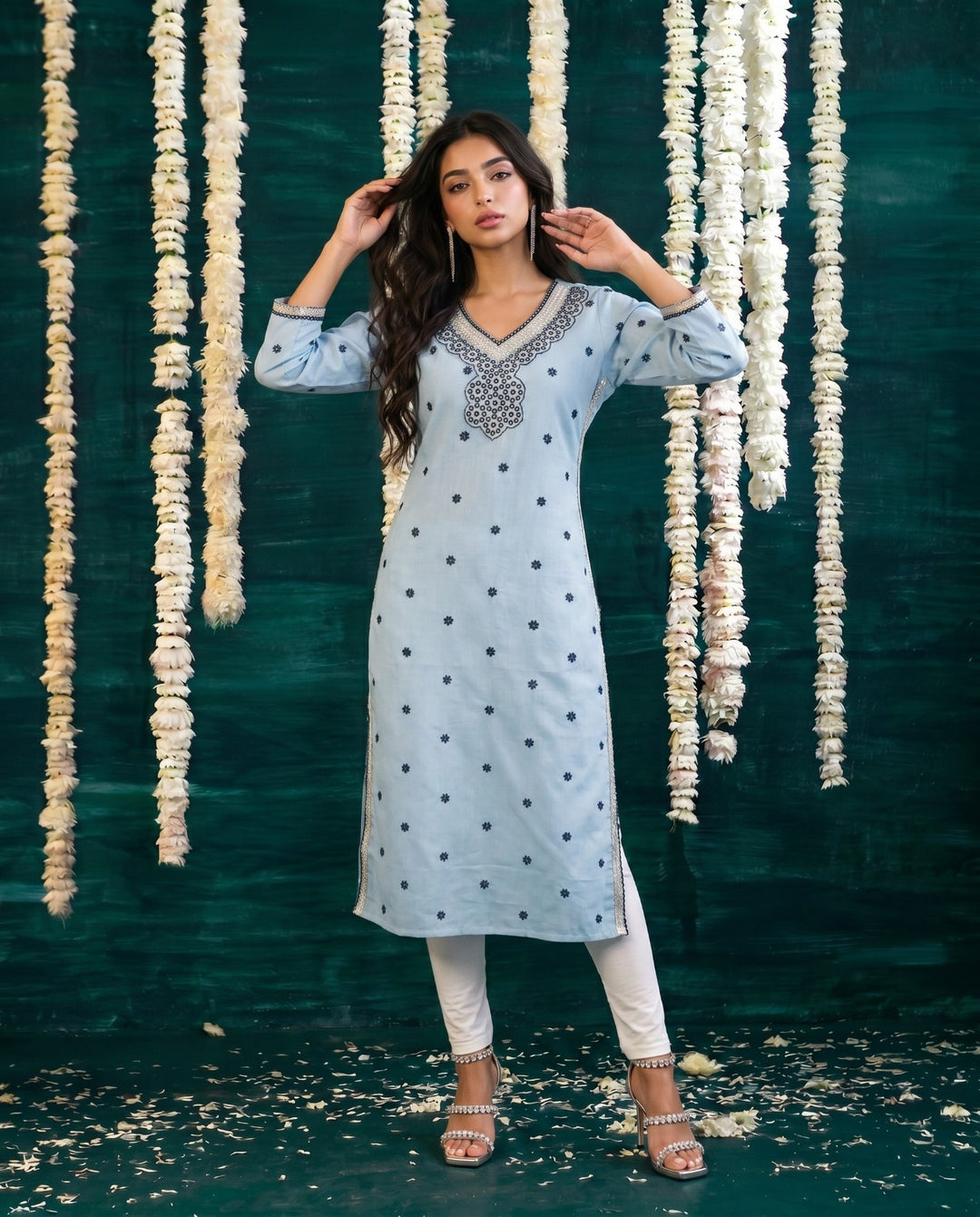 Blue Embroidered Viscose Blended Straight cut Long Kurta