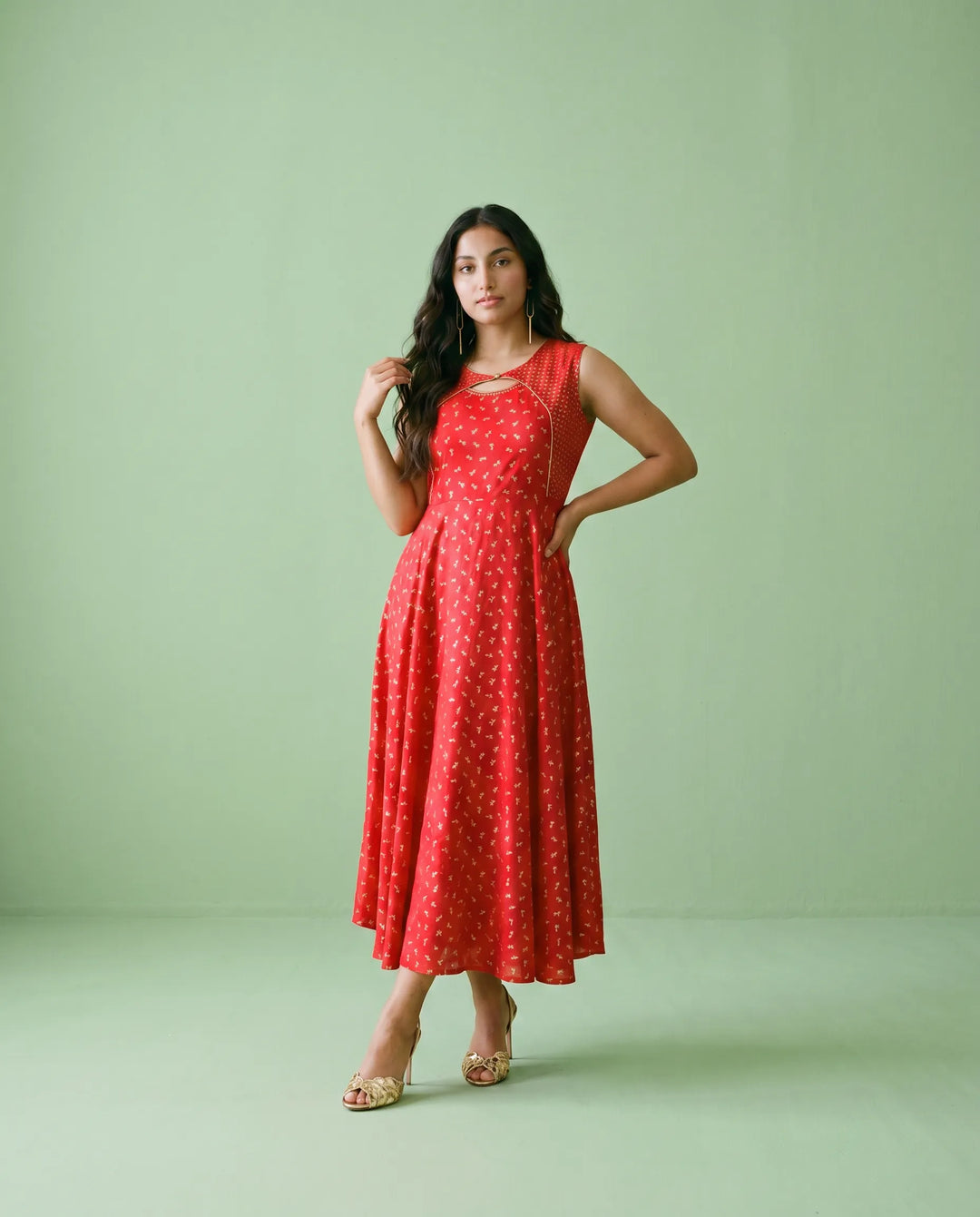 Red Printed Rayon Sleeveless Maxi Dress