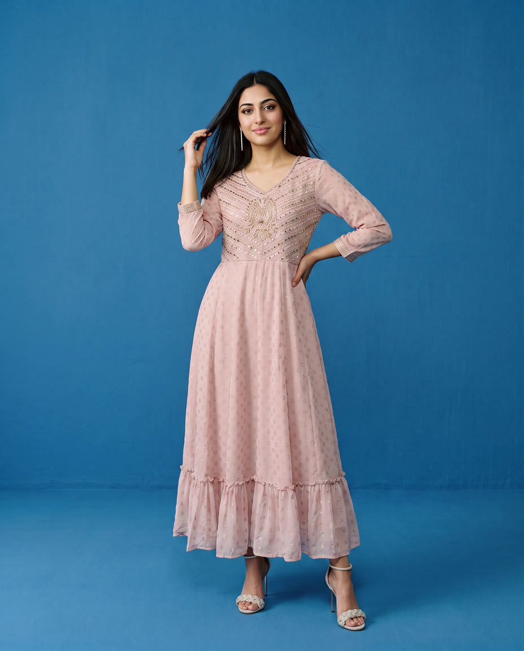 Pink Embroidered Georgette Maxi Dress