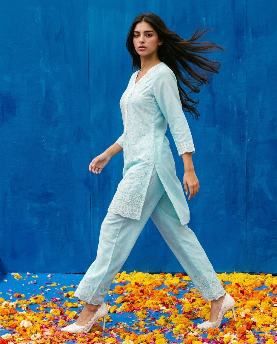 Sky Blue Embriodered Cotton Satin Co-Ord Set