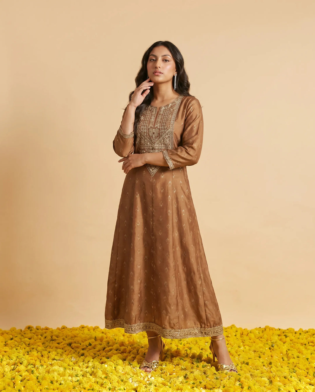 Brown Embriodered Rayon Maxi Dress