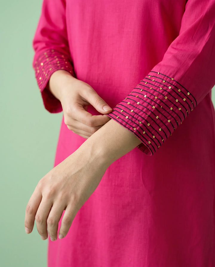 Magenta Embroidered Cotton Short Kurti