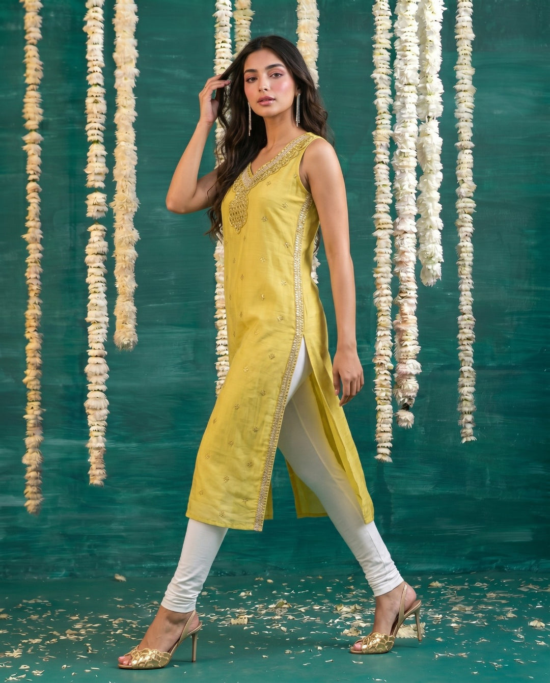 Yellow Embroidered Viscose Blended Straight cut Long Kurta