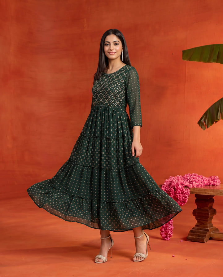 Bottle Green Embriodered Georgette Maxi Dress