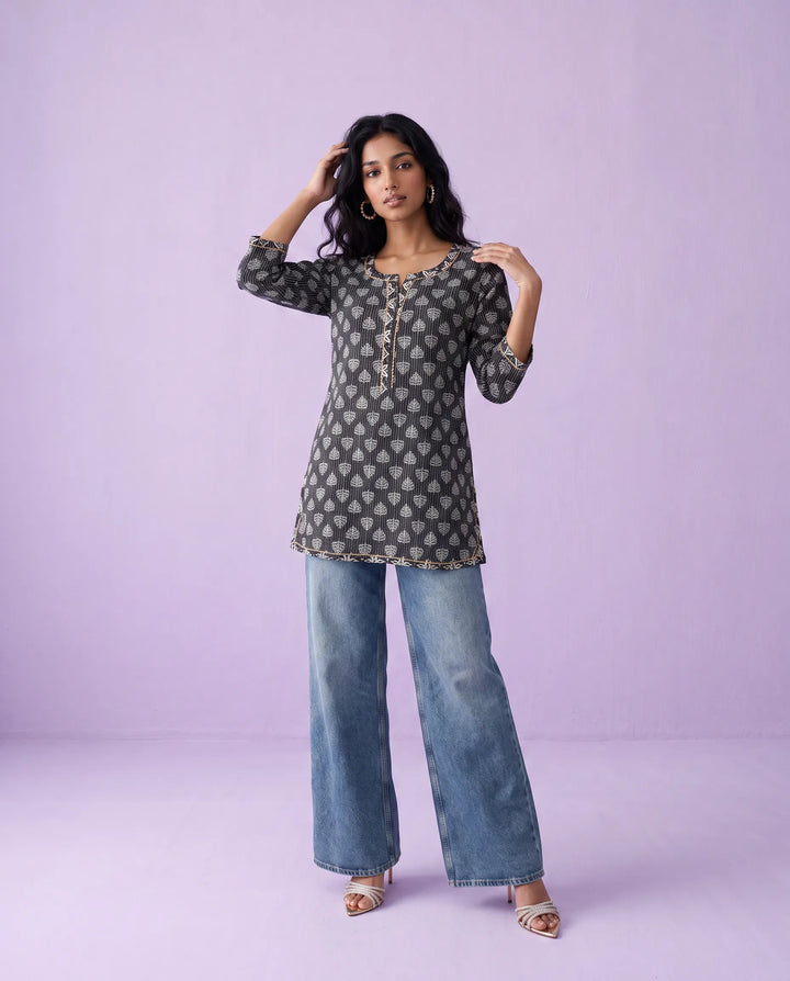 Black Printed Cotton Short Kurti