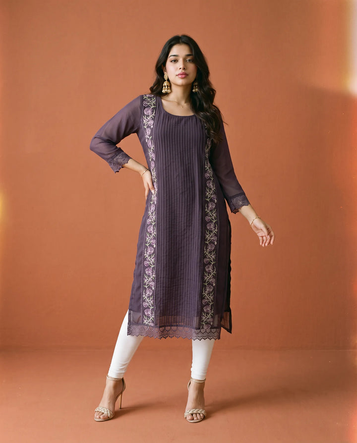 Purple Embroidered Georgette Straight cut Long Kurta