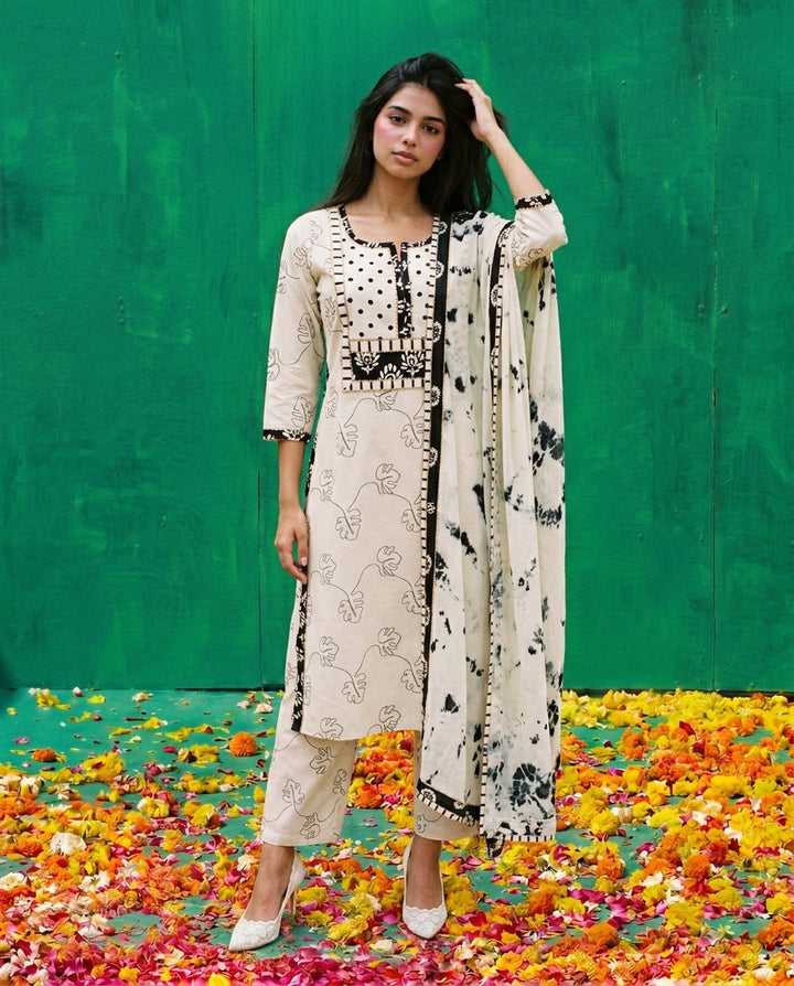 White Printed Cotton Kurta Bottom Dupatta Set