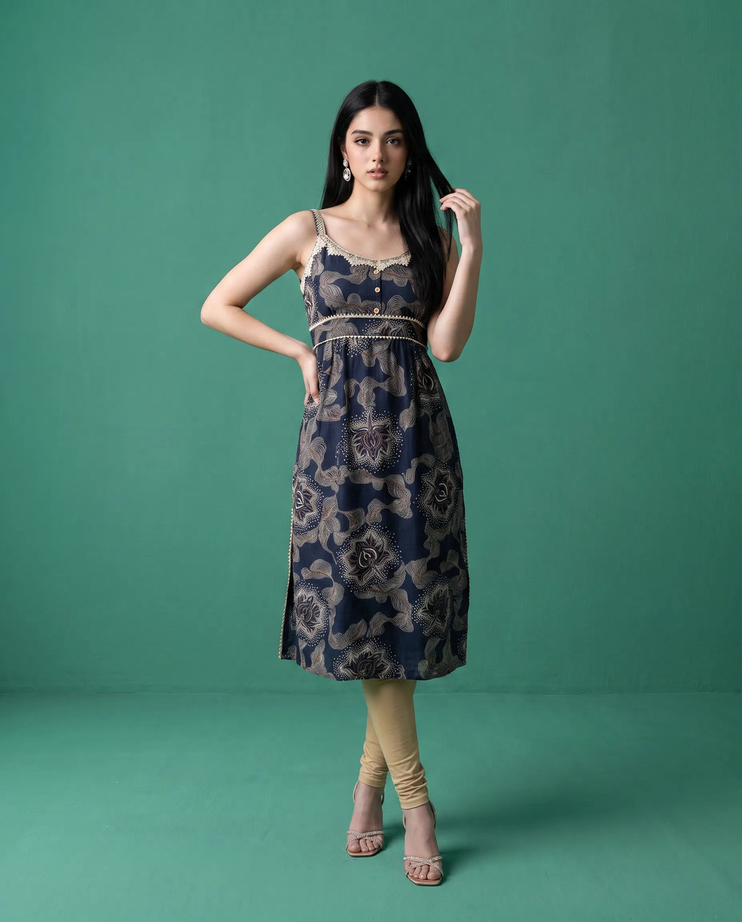 Navy Printed Viscose Blended Spaghetti Strap Straight Cut Long Kurta