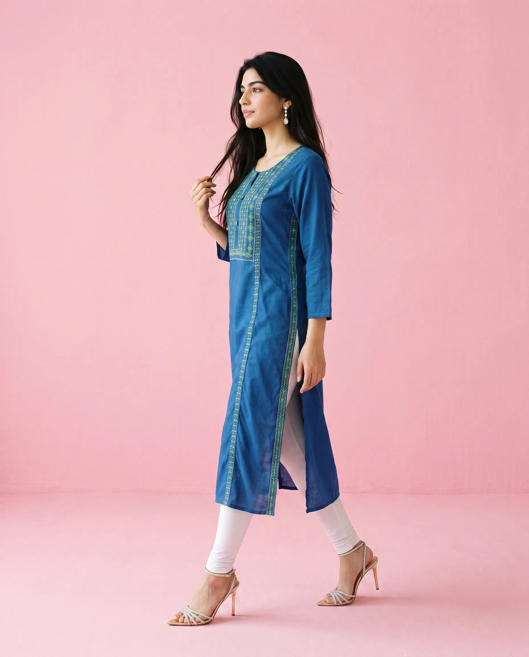 Navy Embroidered Rayon Straight Cut Long Kurta