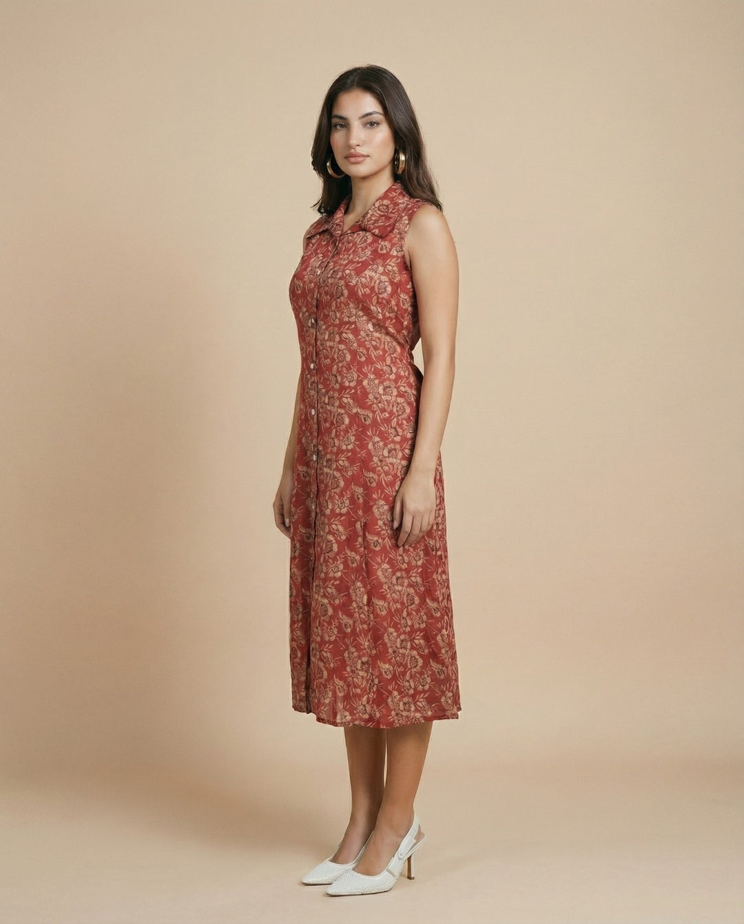 Maroon Printed Viscose Blended Midi Dress