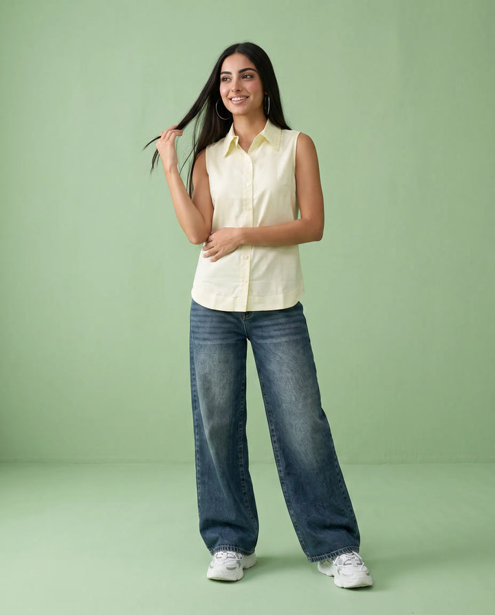 Yellow Solid Cotton Satin Sleeveless Top