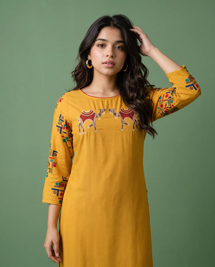 Yellow Embroidered Rayon Straight cut Long Kurta