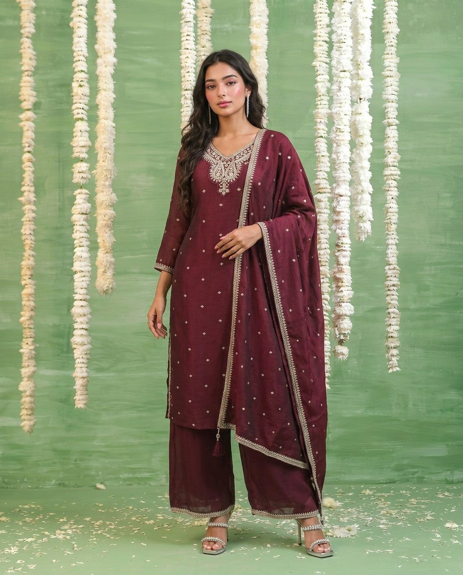 Wine Embriodered Silk Blended Kurta Bottom Dupatta Set