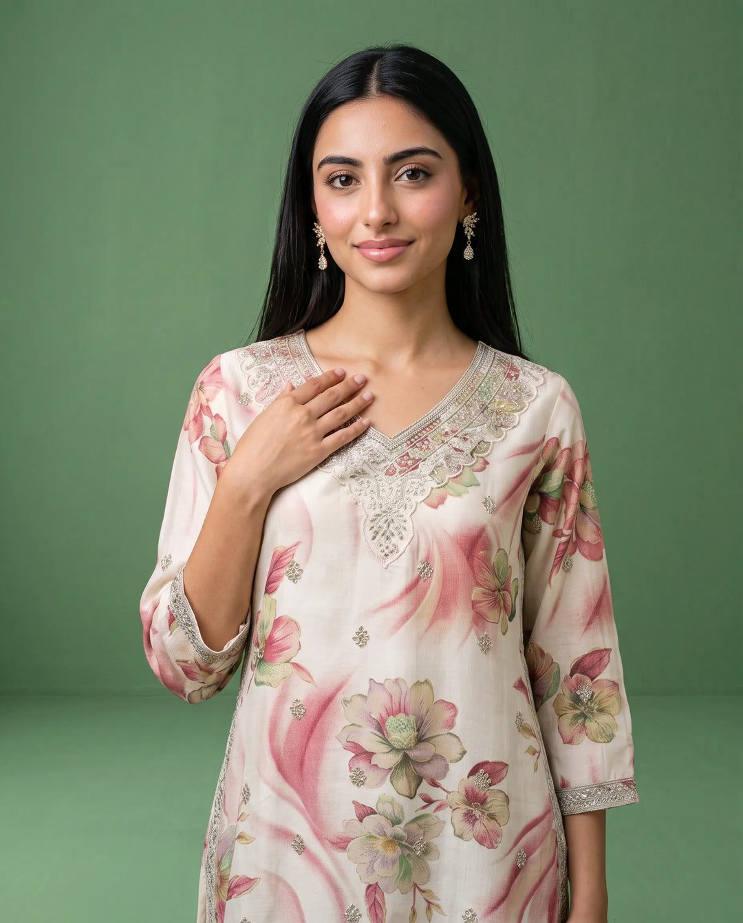White Embroidered Viscose Blended 3/4 Sleeves Straight Cut Long Kurta