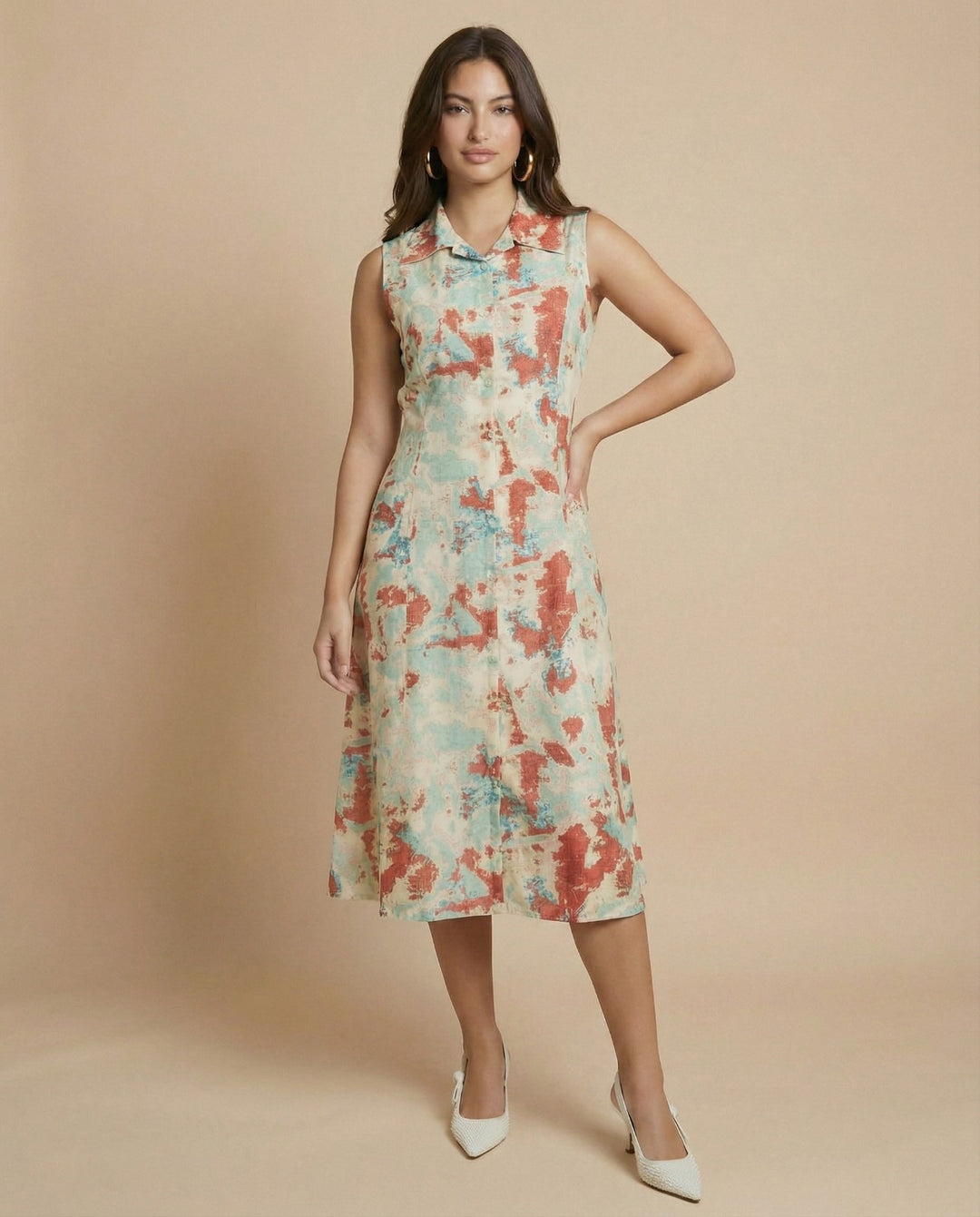 Multi-colour Printed Cotton Blended Midi Dress