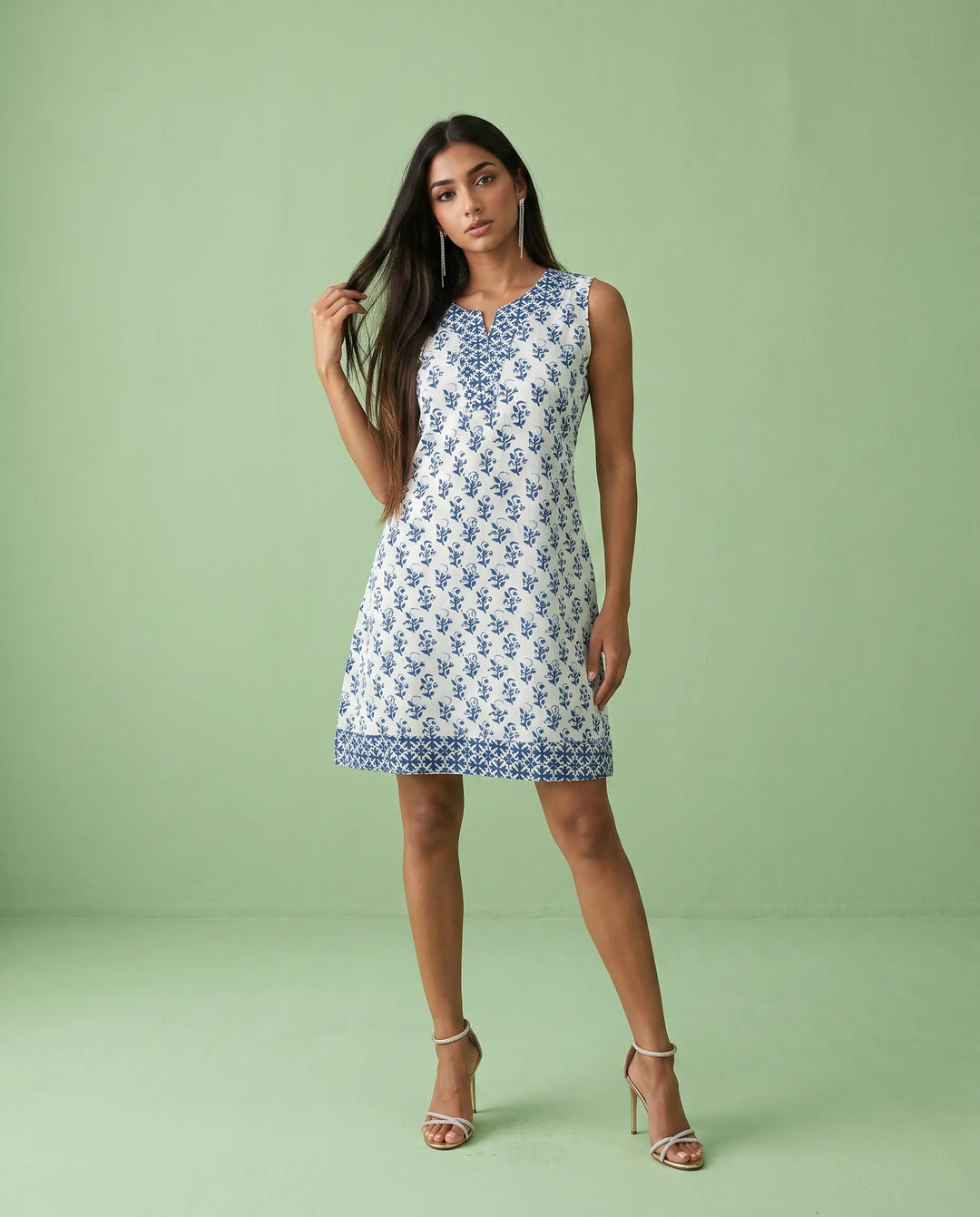 Blue Printed Pure Cotton Hand-Block Printed Midi Dress