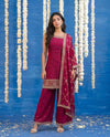 Magenta Embriodered Silk Blended Sleeveless Kurta Bottom Dupatta Set