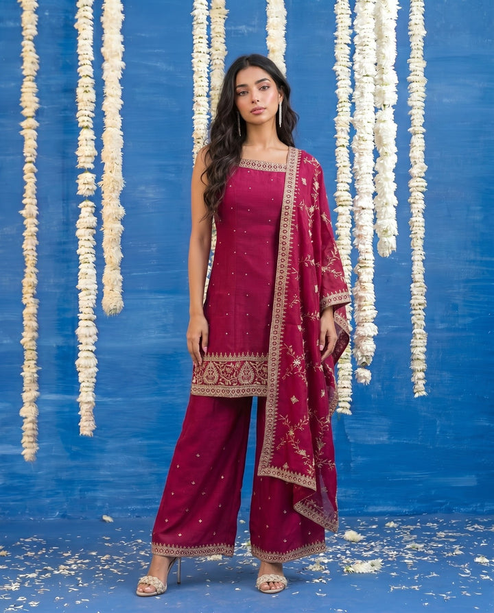 Magenta Embriodered Silk Blended Sleeveless Kurta Bottom Dupatta Set