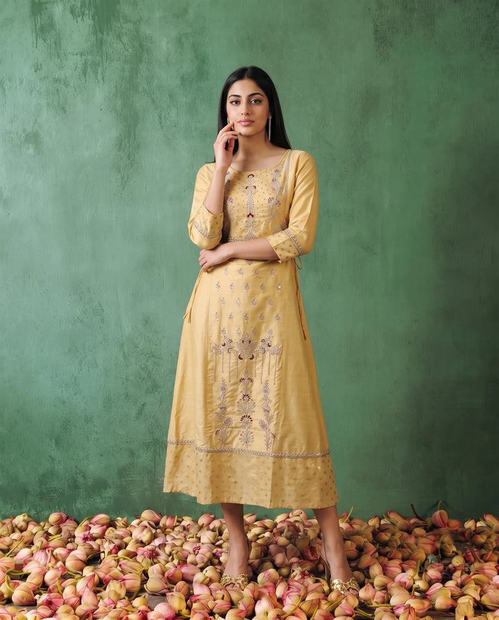 Yellow Embriodered Silk Blended Maxi Dress