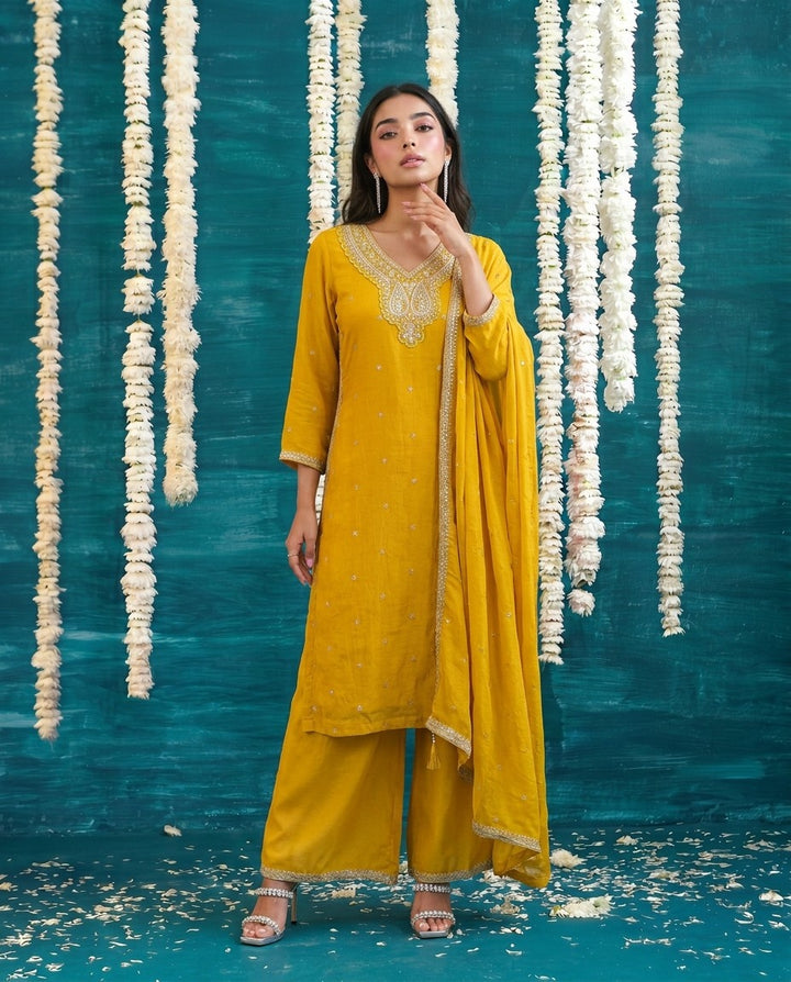 Yellow Embriodered Silk Blended Kurta Bottom Dupatta Set