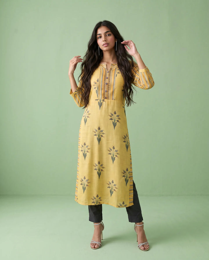 Yellow Printed Cotton Straight cut Long Kurta