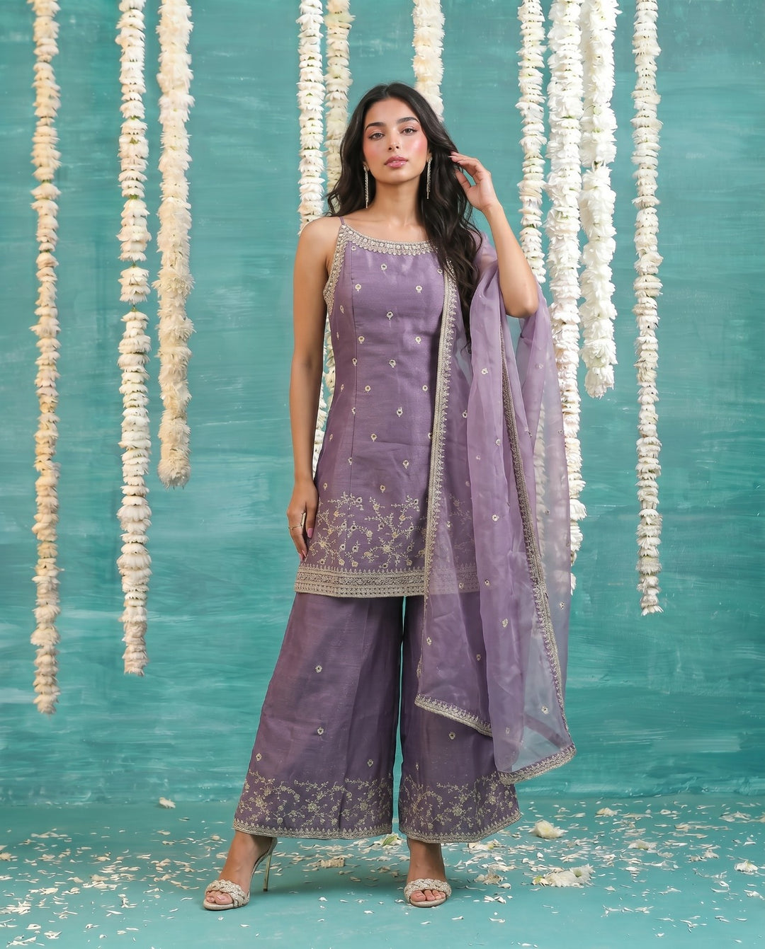 Purple Embriodered Silk Blended Spaghetti Strap Kurta Bottom Dupatta Set