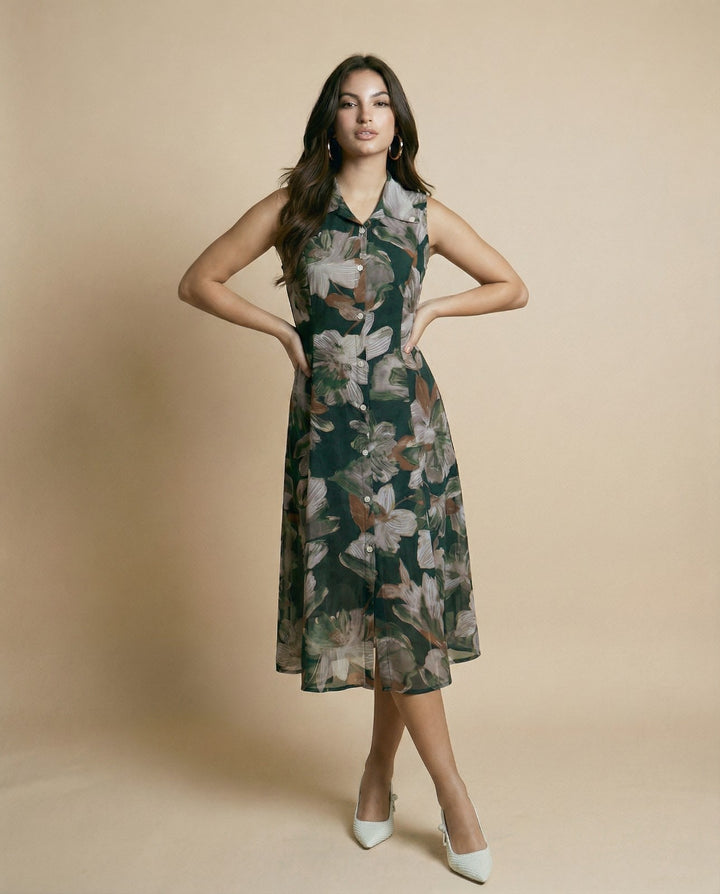 Dark Green Printed Viscose Blended Midi Dress