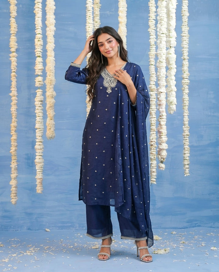 Navy Embriodered Silk Blended Kurta Bottom Dupatta Set