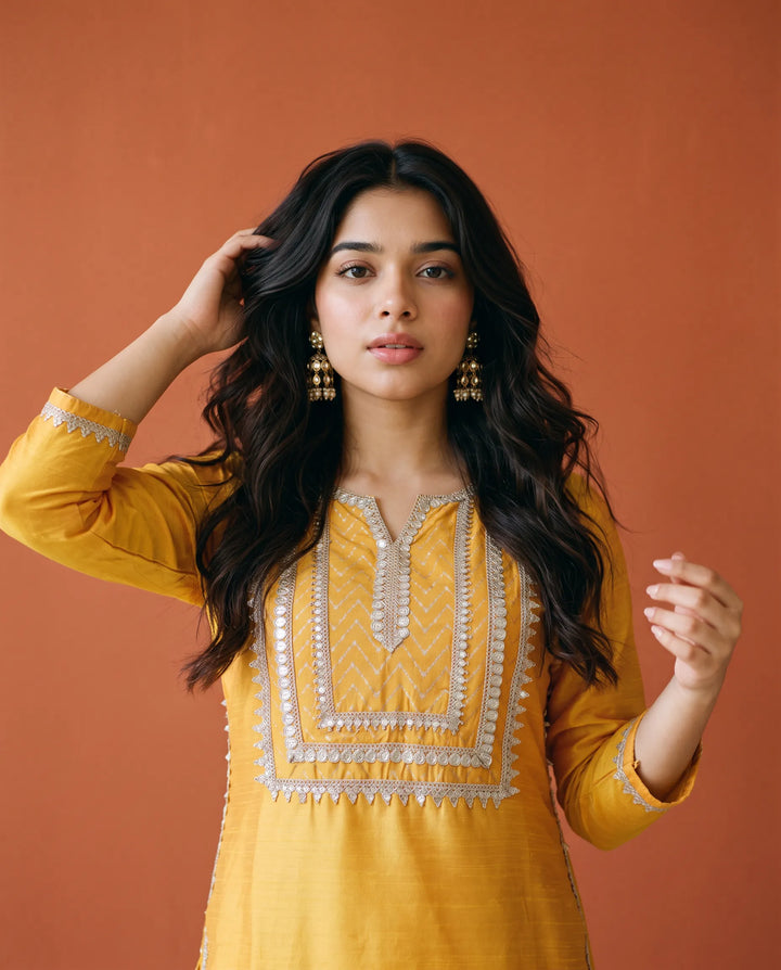 Yellow Printed Silk Blended Straight cut Long Kurta