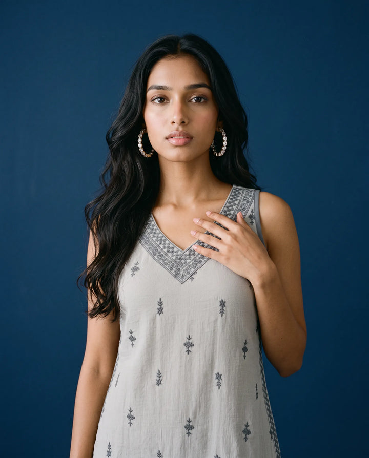 Grey Embroidered Cotton Blended Sleeveless Short Kurti