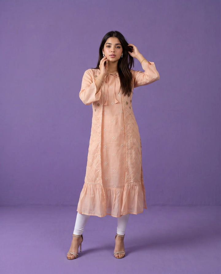 Peach Embroidered Chanderi Long Kurta