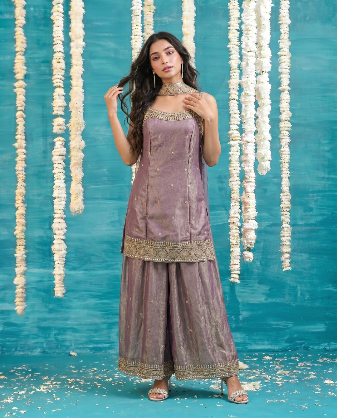 Purple Embriodered Silk Blended Spaghetti Strap Kurta Bottom Dupatta Set