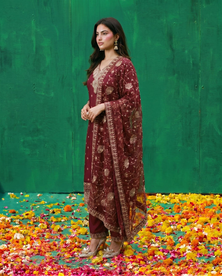 Maroon Embriodered Silk Blended Kurta Bottom Dupatta Set