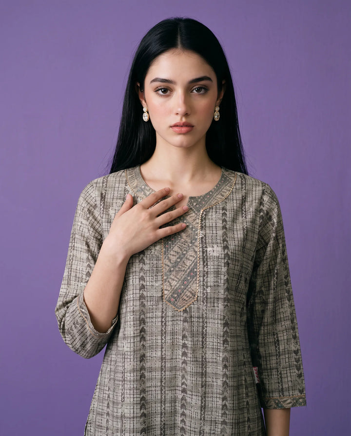 Grey Printed Viscose Blended Short Kurti