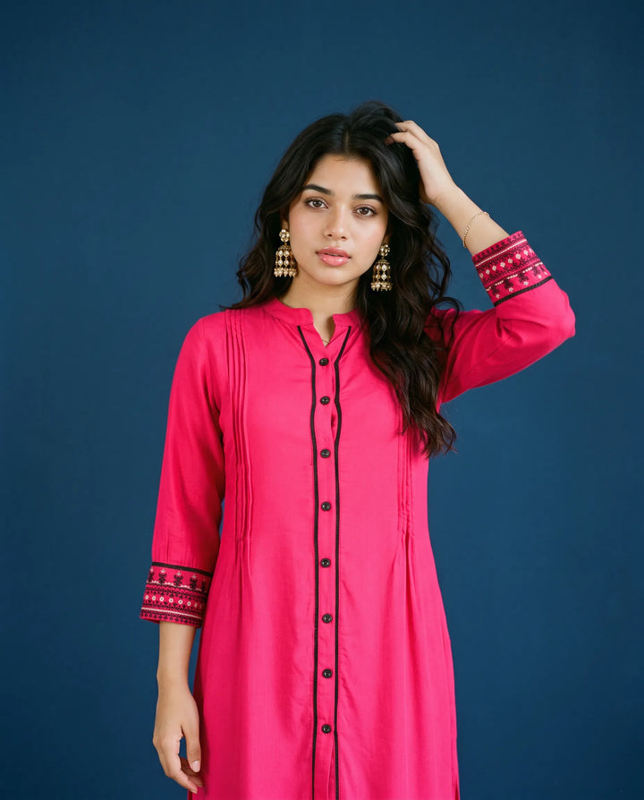 Pink Embroidered Rayon Straight cut Long Kurta