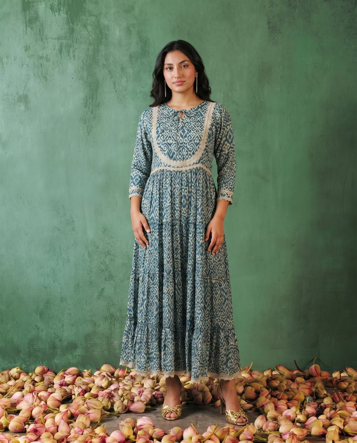 Blue Printed Silk Blended Maxi Dress