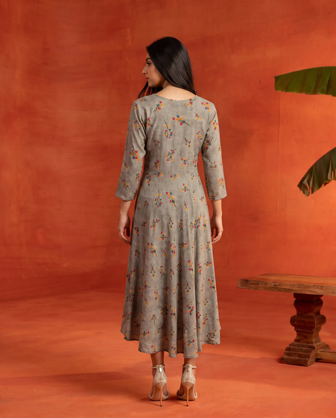 Grey Printed Rayon Maxi Dress