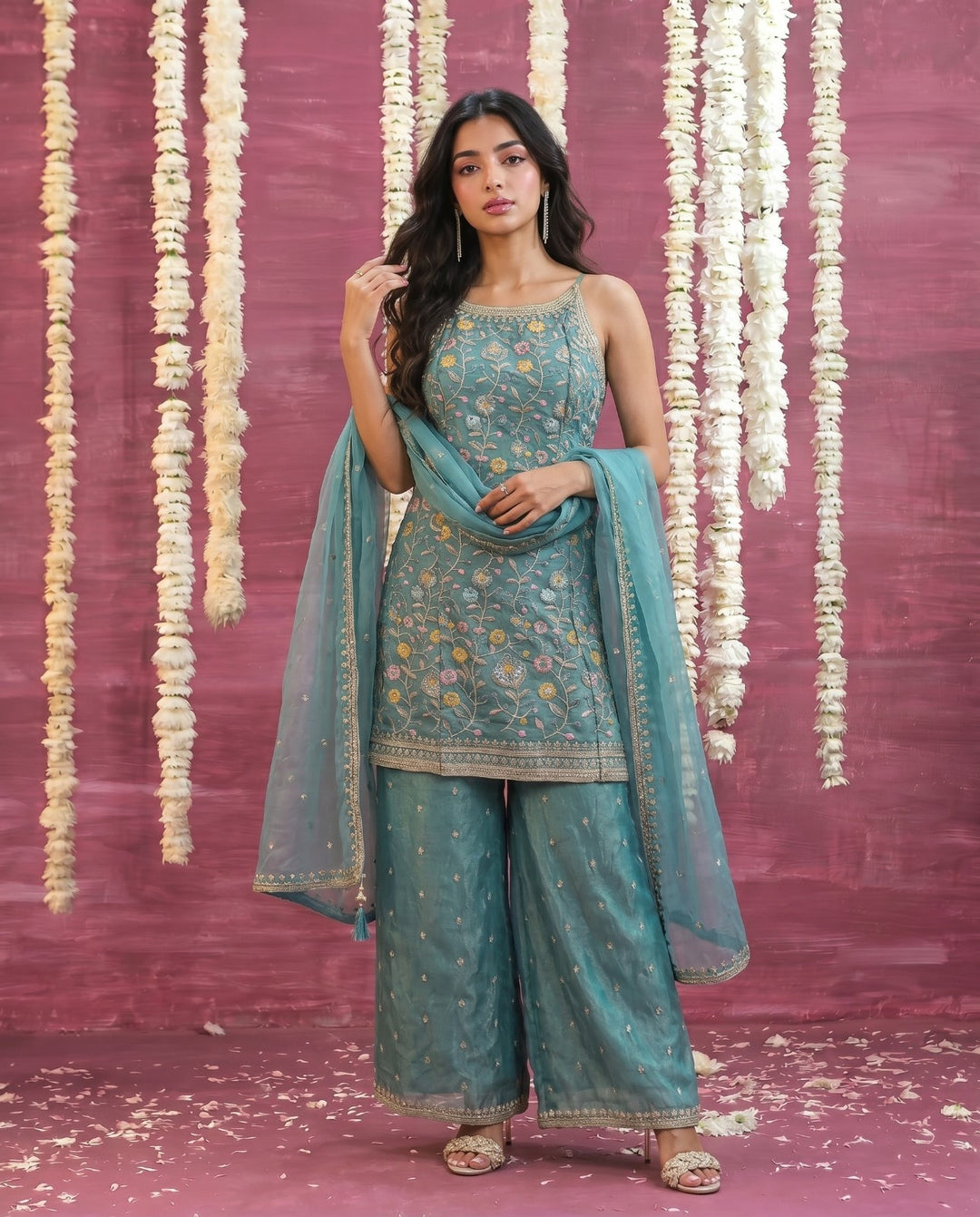 Turquoise Embriodered Silk Blended Spaghetti Strap Kurta Bottom Dupatta Set