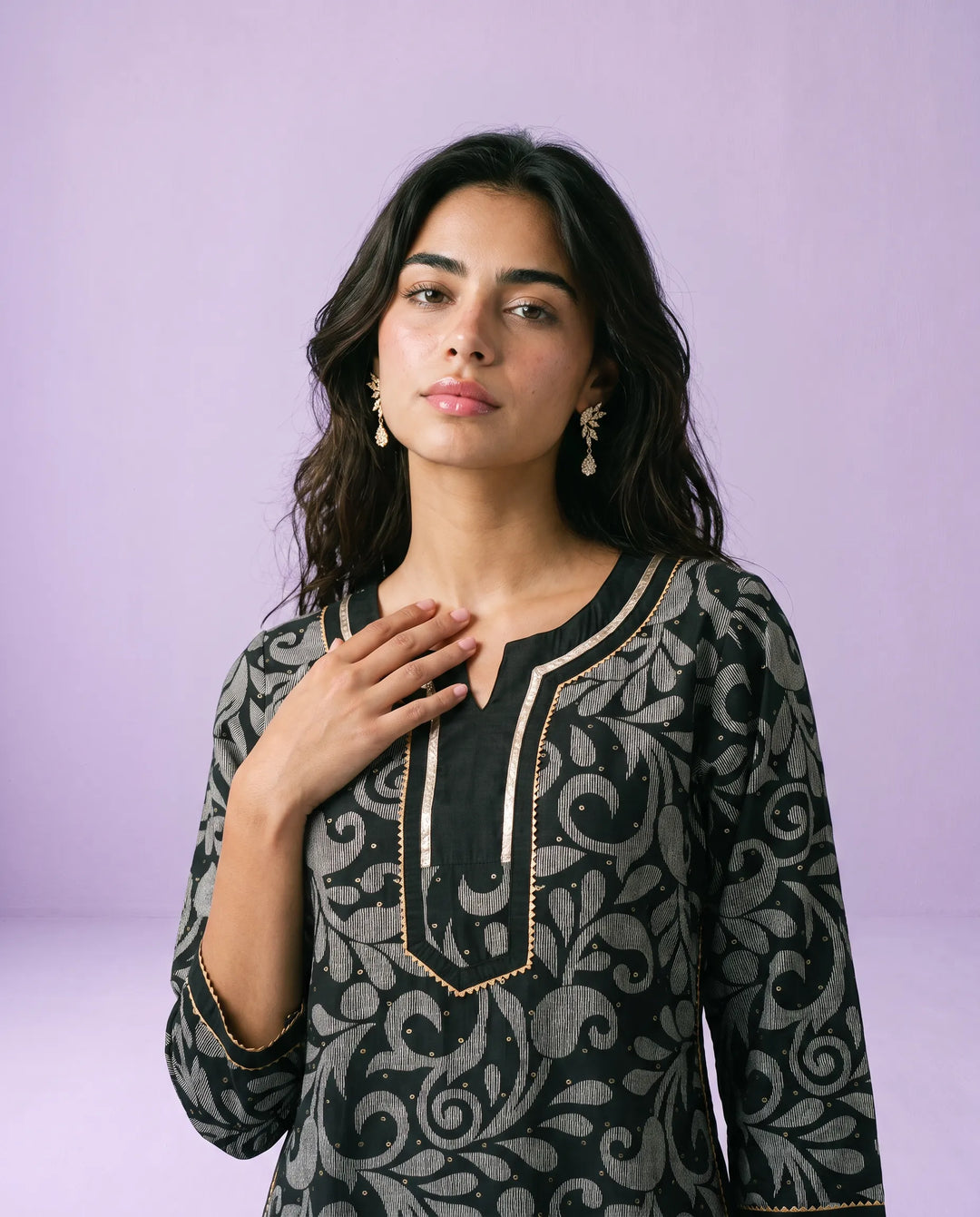 Black Printed Viscose Blended Straight cut Long Kurta