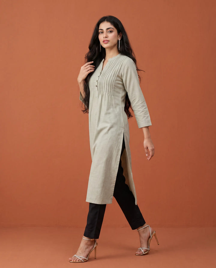 Grey Solid Cotton Straight cut Long Kurta