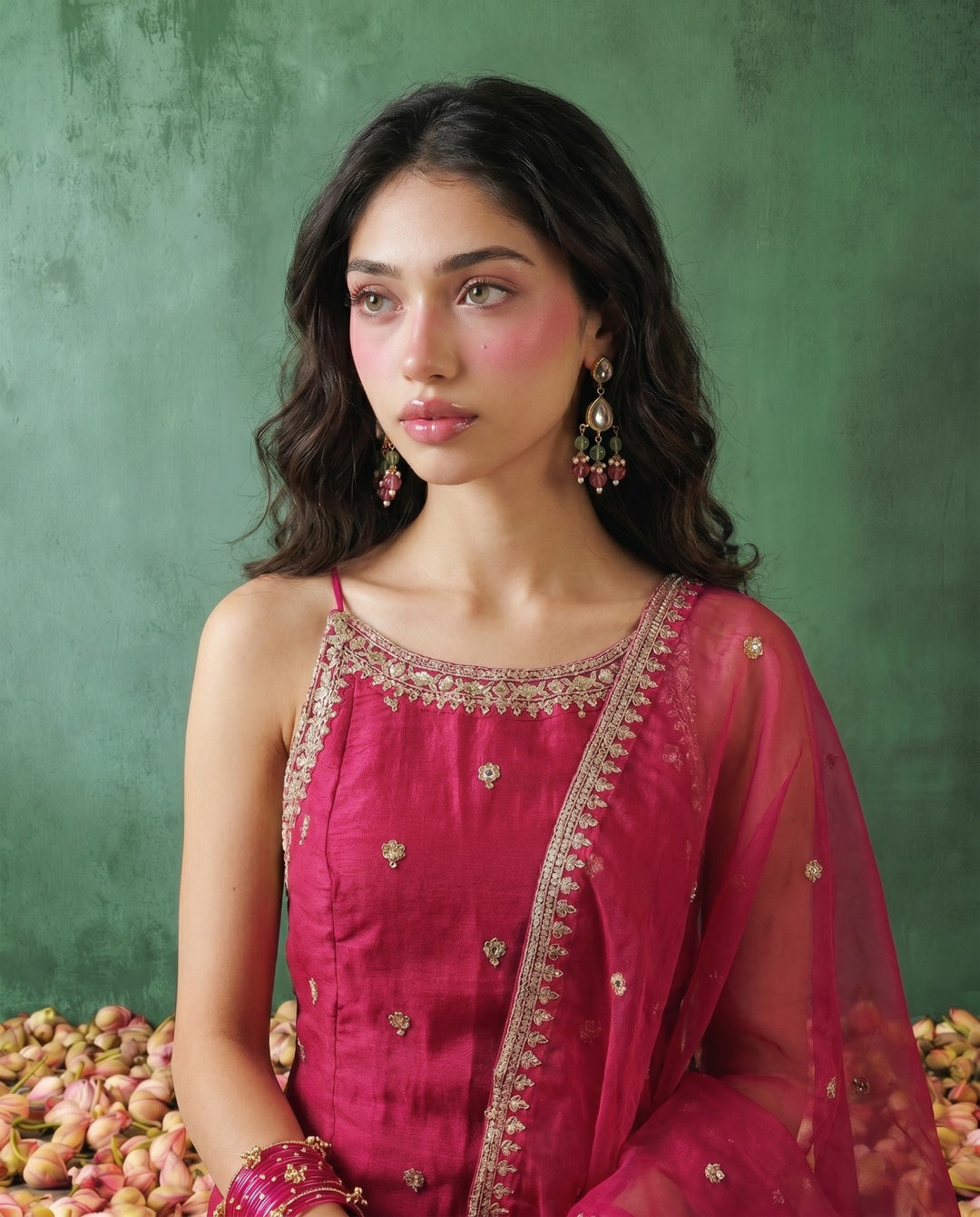 Magenta Embriodered Silk Blended Spaghetti Strap Kurta Bottom Dupatta Set