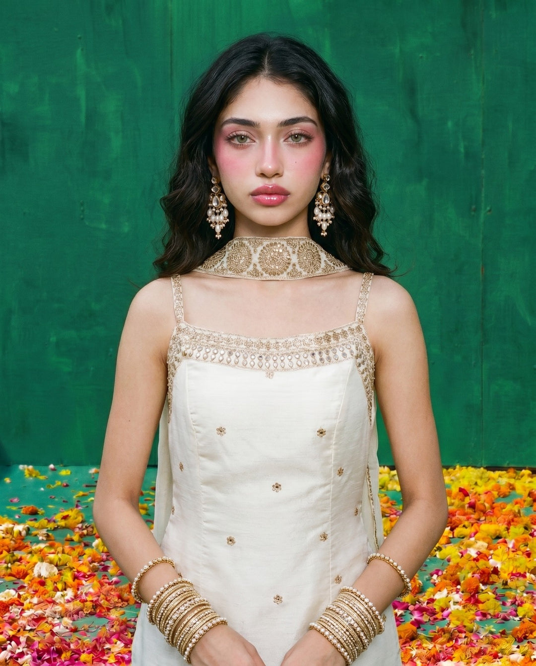 White Embriodered Silk Blended Spaghetti Strap Kurta Bottom Dupatta Set