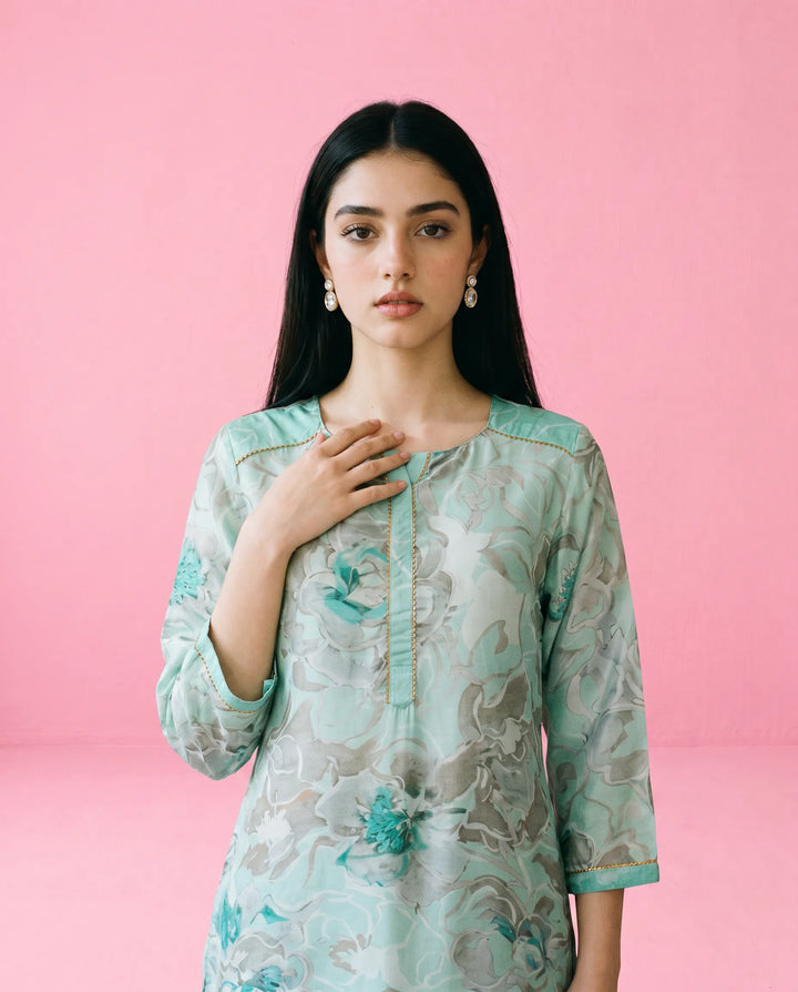 Turquoise Printed Crepe Silk Short Kurti