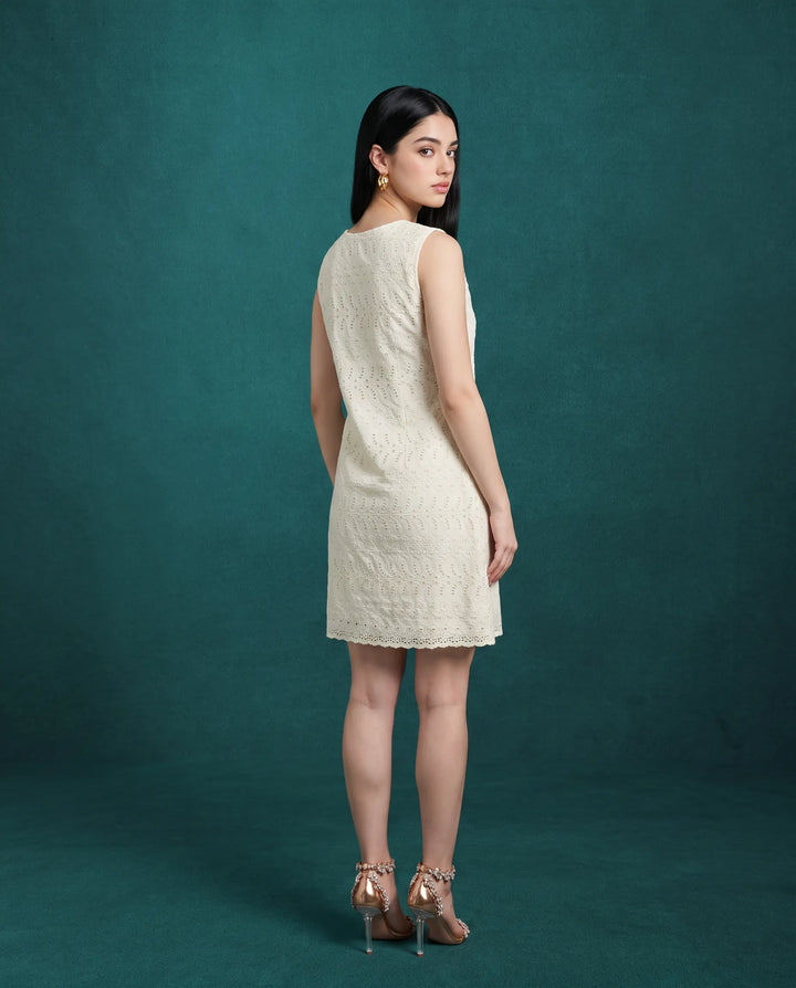 Cream Embroidered Cotton Midi Dress