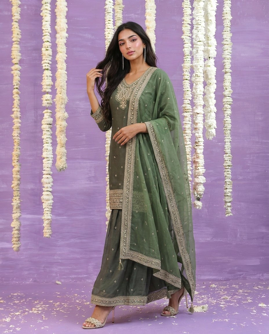 Olive Embriodered Silk Blended Kurta Bottom Dupatta Set