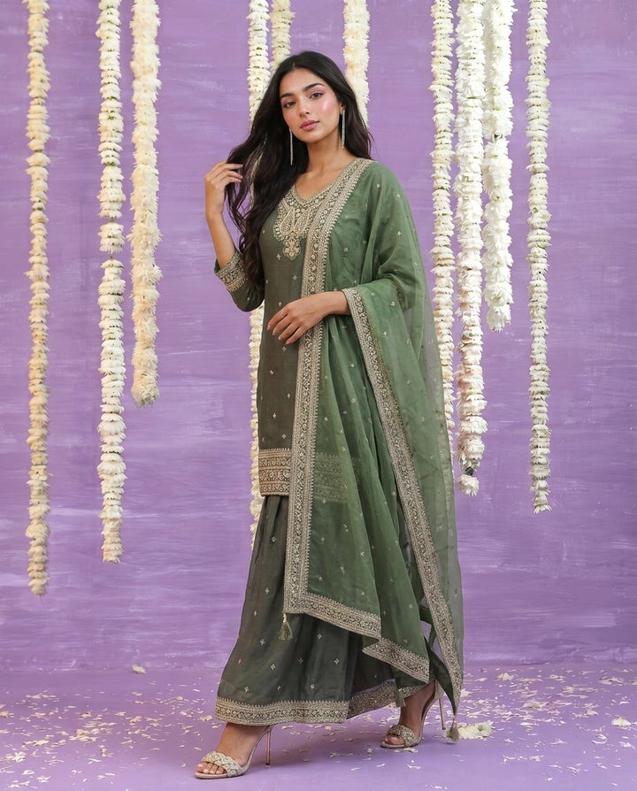 Olive Embriodered Silk Blended Kurta Bottom Dupatta Set