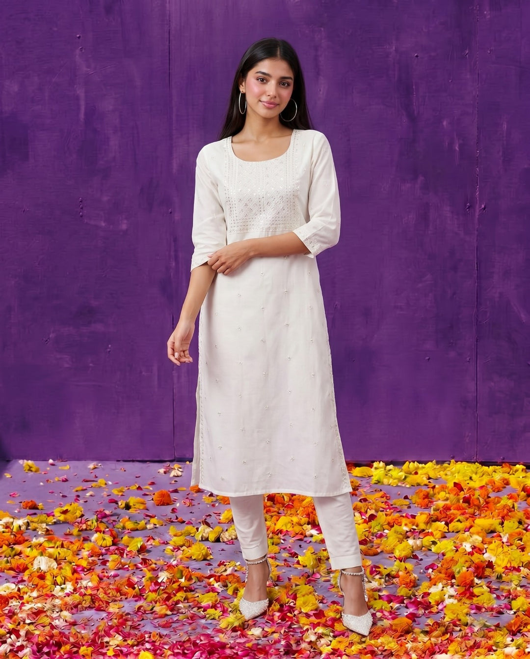 White Embroidered Viscose Blended Straight cut Long Kurta
