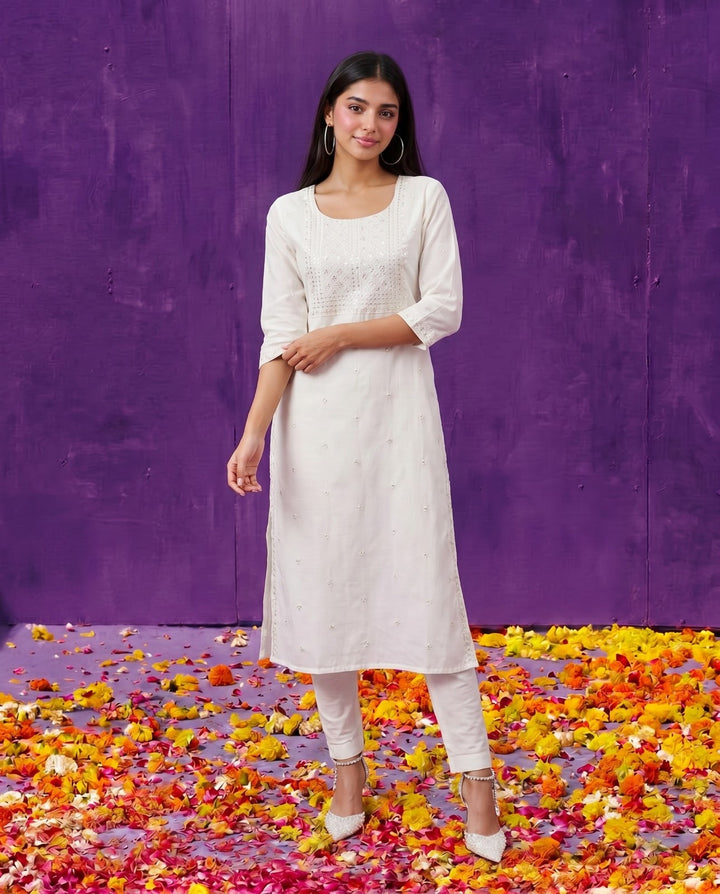 White Embroidered Viscose Blended Straight cut Long Kurta